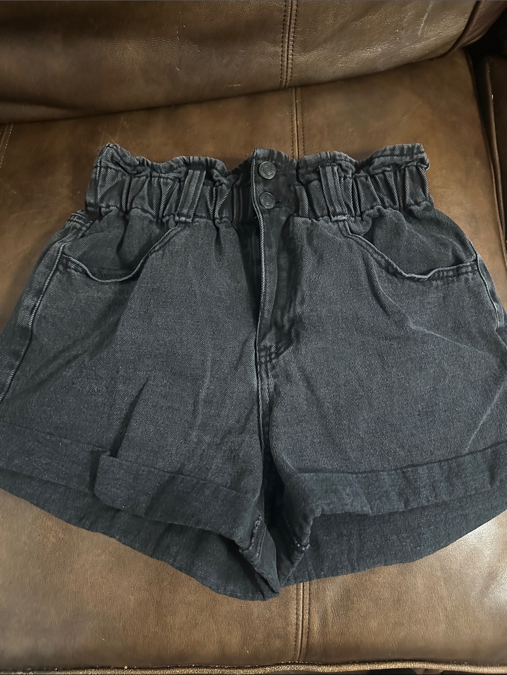 Forever 21 Black High-Waist Paperbag Denim Shorts